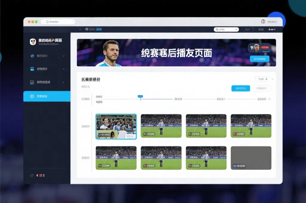 比赛结束后，电视屏幕展示集锦回放页面，旁边有时间轴和多角度切换提示